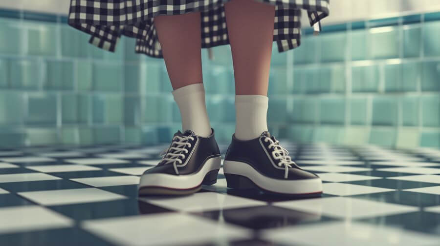 model wears black saddle shoes