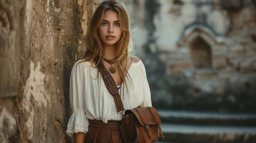 woman with vintage leather saddle bags