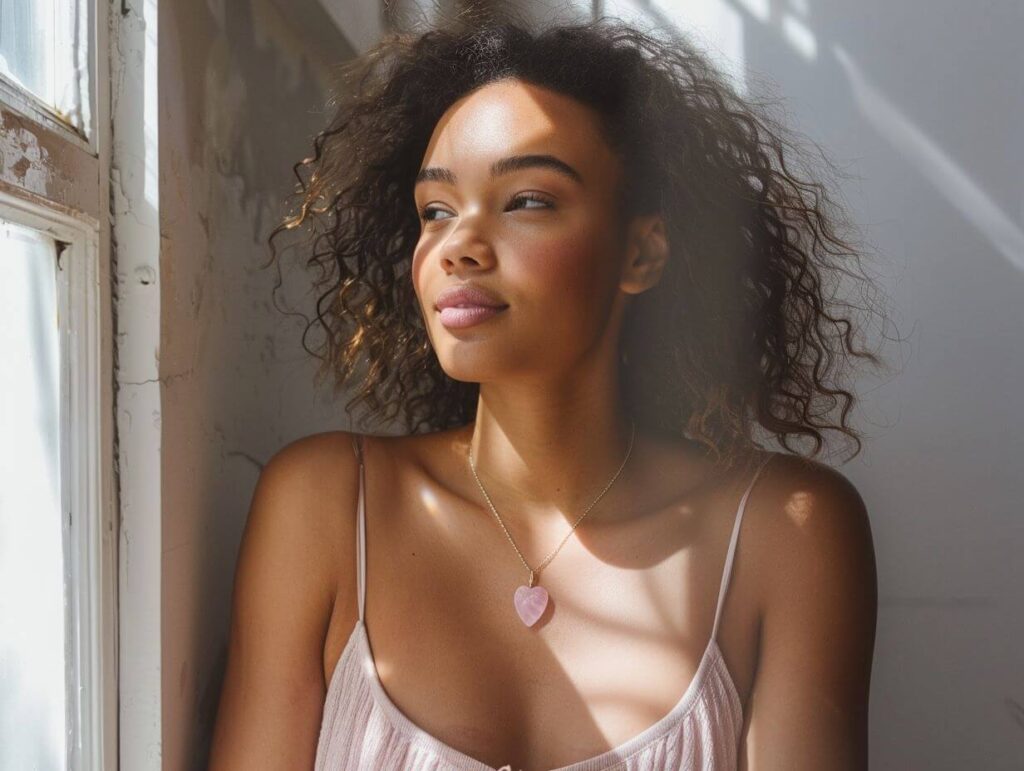 mistahclarke beautiful woman wearing heart shaped Rose Quartz