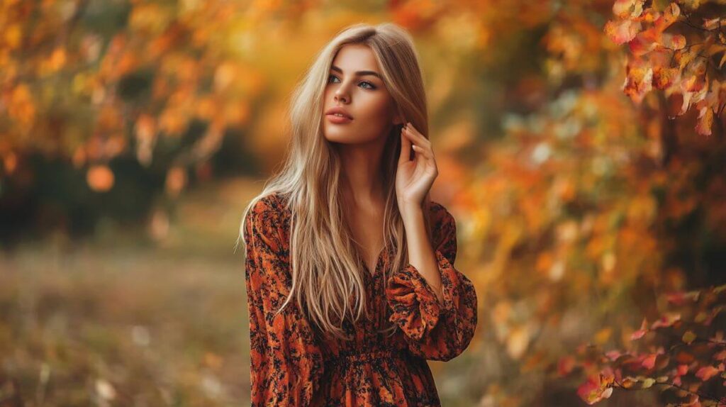 woman in boho dress in autumn