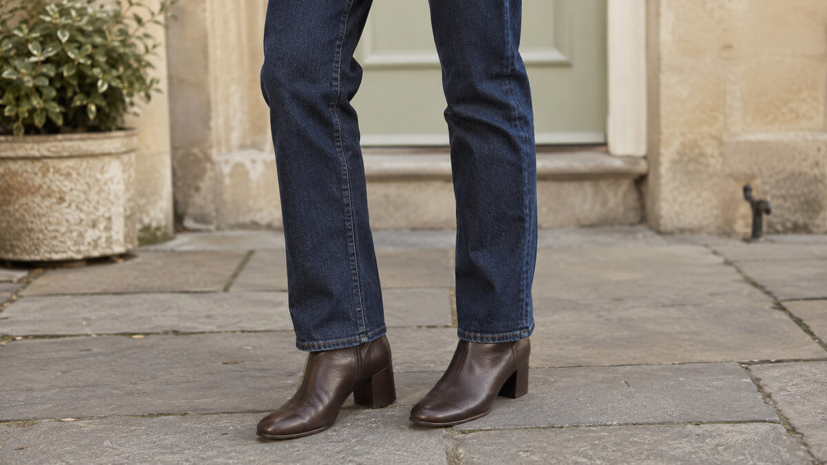 Dark straight-leg jeans falling smoothly outside brown ankle-boot shafts without bunching around the ankles.