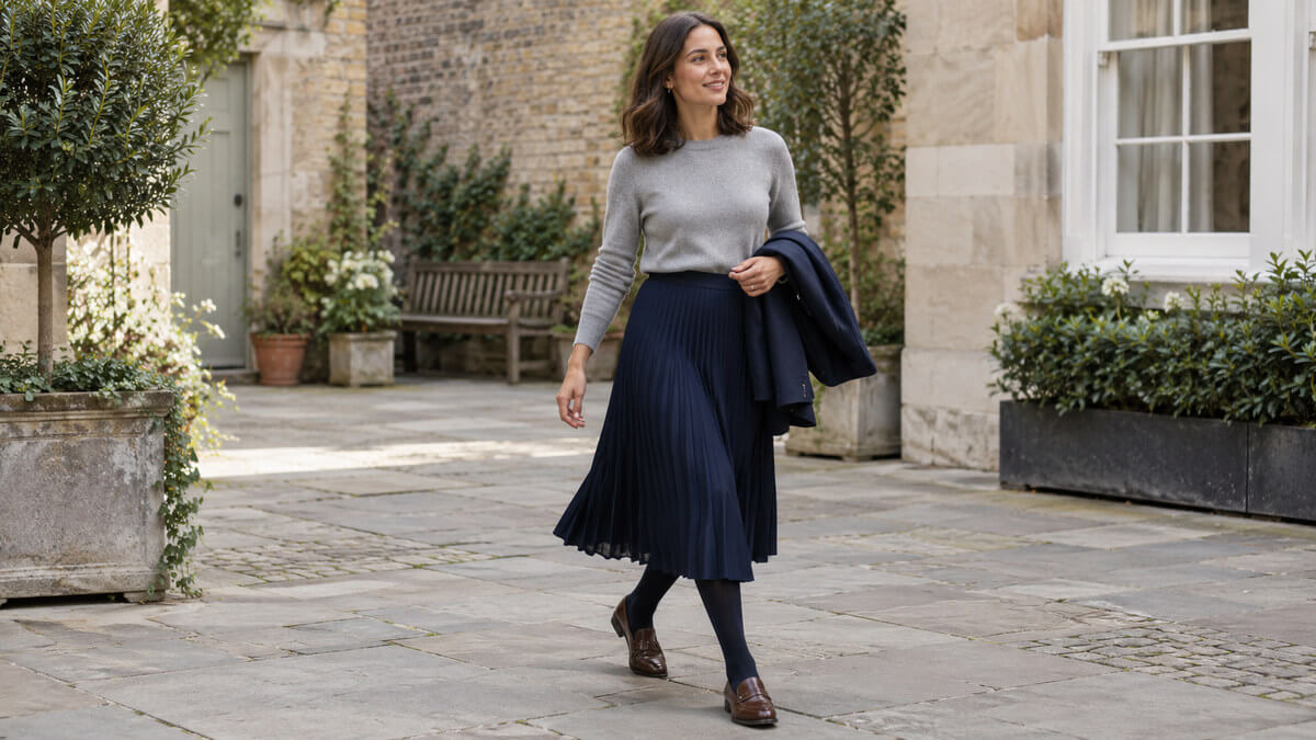 Woman walking in a tucked grey jumper, navy pleated midi skirt, dark tights and brown loafers, carrying a navy blazer.