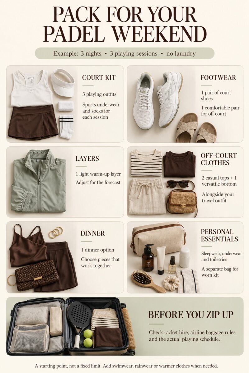 Packing checklist for three nights and three padel sessions: playing kit, footwear, layers, casual clothes, dinner outfit and personal essentials. Full details are in the accompanying article.